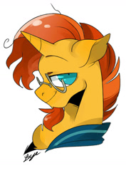 Size: 1024x1448 | Tagged: safe, artist:rouge, sunburst, pony, unicorn, g4, bust, chest fluff, cloak, clothes, facial hair, floppy ears, glasses, goatee, horn, lidded eyes, looking at you, male, raised eyebrow, signature, simple background, smiling, smirk, solo, stallion, sunburst's cloak, sunburst's glasses, white background
