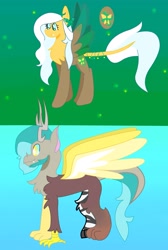 Size: 2249x3356 | Tagged: safe, artist:goldlines005, oc, oc only, oc:eclipse, draconequus, hybrid, pony, abstract background, draconequus oc, duo, high res, interspecies offspring, offspring, parent:discord, parent:fluttershy, parents:discoshy, wings