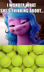Size: 500x800 | Tagged: safe, edit, edited screencap, screencap, izzy moonbow, pony, unicorn, g5, my little pony: a new generation, spoiler:my little pony: a new generation, ball, caption, cropped, image macro, izzy's tennis ball, smiling, solo, tennis ball, text, that pony sure does love tennis balls