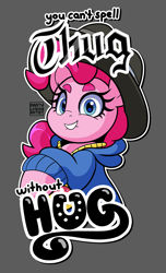 Size: 2280x3740 | Tagged: safe, artist:partypievt, pinkie pie, earth pony, pony, g4, alternate clothes, cute, diapinkes, high res, jewelry, necklace, rapper pie, solo, text, thug life