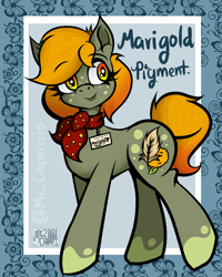 Size: 3000x3750 | Tagged: safe, artist:mrcapriccio, oc, oc only, oc:marigold pigment, earth pony, pony, abstract background, female, full body, high res, mare, neckerchief, solo, spots