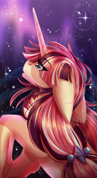 Size: 1816x3302 | Tagged: safe, artist:inspiredpixels, oc, oc only, pony, unicorn, bust, female, floppy ears, hairband, mare, not sunset shimmer, solo, starry night
