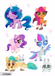 Size: 2955x4096 | Tagged: safe, artist:sailorjubs, hitch trailblazer, izzy moonbow, pipp petals, sunny starscout, zipp storm, earth pony, pegasus, pony, rabbit, unicorn, g5, my little pony: a new generation, animal, chibi, crouching, digital art, female, high res, male, mane five, mare, open mouth, open smile, raised hoof, rearing, royal sisters (g5), siblings, simple background, sisters, smiling, spread wings, stallion, standing, white background, wings