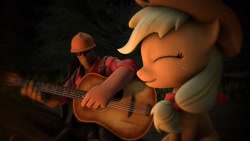 Size: 1920x1080 | Tagged: source needed, useless source url, safe, artist:derpyanon_, applejack, earth pony, human, pony, g4, /mlp/ tf2 general, 3d, acoustic guitar, applejack's hat, bandana, campfire, clothes, cowboy hat, cute, engineer, engineer (tf2), eyes closed, female, gloves, goggles, guitar, hard hat, hat, jackabetes, male, mare, musical instrument, nostalgia, overalls, shirt, sitting, smiling, source filmmaker, team fortress 2
