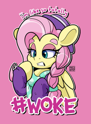Size: 2943x4000 | Tagged: safe, artist:partypievt, fluttershy, pegasus, pony, g4, alternate clothes, alternate hairstyle, bandana, braided ponytail, clothes, hat, hipster, hipstershy, scarf, solo, sweater, that pony is woke, woke