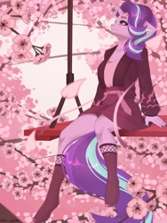 Size: 1500x2000 | Tagged: safe, artist:villjulie, starlight glimmer, anthro, g4, cherry blossoms, clothes, eyebrows, female, flower, flower blossom, sitting, solo, swing