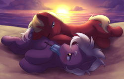 Size: 5834x3765 | Tagged: safe, artist:aquoquoo, loganberry, tune-up, earth pony, pony, unicorn, g4, absurd resolution, beach, crack shipping, duo, food, friendship student, gay, logantune, male, popsicle, shipping, stallion, sunset