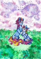 Size: 760x1080 | Tagged: safe, artist:skior, rainbow dash (g3), pony, g3, female, filly, mother and child, mother and daughter, traditional art