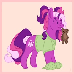 Size: 1075x1080 | Tagged: safe, artist:skior, cheerilee (g3), earth pony, pony, g3, clothes, mouth hold, plushie, shirt, slippers, solo, teddy bear