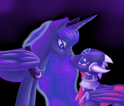 Size: 2387x2051 | Tagged: safe, artist:da_space_kase, artist:katsaka, artist:spacekase, princess luna, alicorn, dragon, pony, g4, crossover, cynder, dark background, dragoness, duo, female, heart to heart, high res, mare, spyro the dragon (series), the legend of spyro