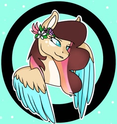 Size: 1303x1382 | Tagged: safe, artist:goldlines005, oc, oc only, pegasus, pony, abstract background, base used, female, flower, flower in hair, mare, pegasus oc, smiling, solo, two toned wings, wings