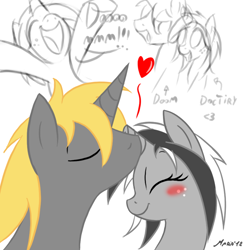 Size: 800x800 | Tagged: safe, artist:srmario, oc, oc only, oc:doctiry, oc:doom, pony, unicorn, blushing, broken horn, eyelashes, female, freckles, horn, kissing, male, mare, oc x oc, partial color, shipping, stallion, unicorn oc