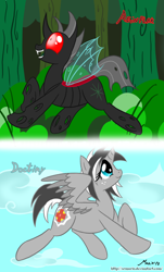 Size: 1000x1656 | Tagged: safe, artist:srmario, oc, oc only, oc:doctiry, oc:reinflak, alicorn, changeling, pony, alicorn oc, broken horn, changeling oc, duo, female, flying, horn, mare, outdoors, red changeling, signature, wings