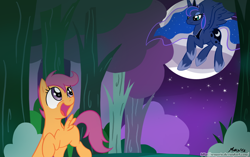 Size: 1480x928 | Tagged: safe, artist:srmario, princess luna, scootaloo, alicorn, pegasus, pony, g4, duo, ethereal mane, female, flying, full moon, hoof shoes, horn, jewelry, looking back, mare, moon, night, outdoors, peytral, raised hoof, smiling, starry mane, stars, tiara, tree, wings