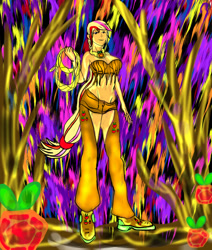 Size: 1100x1300 | Tagged: safe, artist:foxgearstudios, applejack, human, g4, abstract background, clothes, female, humanized, midriff, outdoors, rope, solo, tree