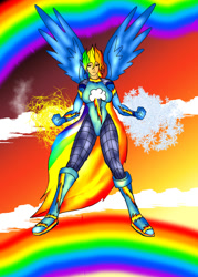 Size: 1000x1400 | Tagged: safe, artist:foxgearstudios, rainbow dash, human, g4, boots, clothes, cutie mark, cutie mark on clothes, female, glowing hands, humanized, rainbow, shoes, solo, winged humanization, wings