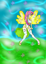 Size: 1000x1400 | Tagged: safe, artist:foxgearstudios, fluttershy, butterfly, human, g4, clothes, female, humanized, outdoors, socks, solo, stockings, thigh highs, winged humanization, wings
