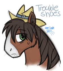 Size: 794x894 | Tagged: safe, artist:chibi-n92, trouble shoes, earth pony, pony, g4, bust, eye clipping through hair, frown, hat, male, signature, simple background, solo, stallion, white background