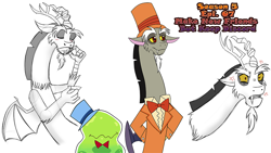 Size: 1000x563 | Tagged: safe, artist:chibi-n92, discord, smooze, draconequus, g4, arm behind back, bowtie, bust, clothes, hat, male, partial color, smiling, talking, top hat