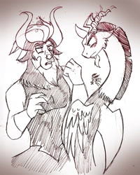 Size: 1146x1436 | Tagged: safe, artist:chibi-n92, discord, lord tirek, centaur, draconequus, taur, g4, angry, duo, male, nose piercing, nose ring, piercing, septum piercing, signature, traditional art