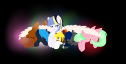 Size: 1636x840 | Tagged: safe, artist:aonairfaol, oc, oc only, oc:airlie, oc:cameo jinx, oc:diamond runner, oc:horizon guard, oc:hot cocoa, oc:pastel boom, hybrid, pegasus, pony, base used, group, hug, interspecies offspring, lying down, offspring, parent:big macintosh, parent:cheese sandwich, parent:flash sentry, parent:fluttershy, parent:pinkie pie, parent:rainbow dash, parent:rarity, parent:soarin', parent:twilight sparkle, parent:unnamed oc, parents:canon x oc, parents:cheesepie, parents:flashlight, parents:fluttermac, parents:soarindash, pegasus oc, prone, sleeping, spread wings, winghug, wings