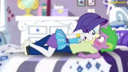 Size: 3642x2048 | Tagged: safe, artist:georgegarza01, edit, rarity, spike, equestria girls, g4, my little pony equestria girls: better together, barefoot, bedroom eyes, blushing, clothes, eyeshadow, feet, female, geode of shielding, high res, human spike, looking at each other, magical geodes, makeup, male, rarity peplum dress, rarity's bedroom, ship:sparity, shipping, shirt, shoes, show accurate, straight