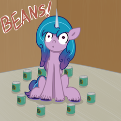 Size: 3000x3000 | Tagged: safe, artist:bigmackintosh, izzy moonbow, pony, unicorn, g5, spoiler:g5, :<, beans, female, food, high res, izzy's beans, mare, movie, ponified animal photo, reference, solo, surrounded, that pony sure does love beans