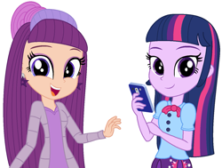 Size: 1323x999 | Tagged: safe, artist:leah2007, artist:user15432, twilight sparkle, alicorn, equestria girls, g4, base used, clothes, crossover, dress, duo, ear piercing, earring, equestria girls style, equestria girls-ified, eyeshadow, hand on arm, jacket, jewelry, makeup, open mouth, phone, piercing, purple dress, purple hair, rainbow high, twilight sparkle (alicorn), violet willow