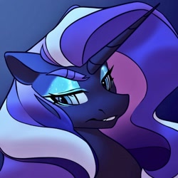 Size: 1536x1536 | Tagged: safe, artist:dodsie, derpibooru exclusive, nightmare rarity, pony, unicorn, g4, abstract background, fangs, female, looking away, makeup, mare, smiling, solo