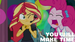 Size: 1280x720 | Tagged: safe, edit, edited screencap, editor:quoterific, screencap, pinkie pie, sunset shimmer, all the world's off stage, equestria girls, equestria girls series, g4, all the world's off stage: pinkie pie, balloon, clothes, cutie mark, cutie mark on clothes, eyes closed, female, geode of sugar bombs, jewelry, magical geodes, necklace, one eye closed, open mouth, tank top