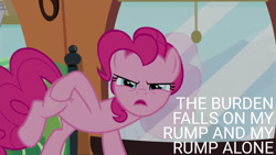 Size: 1280x720 | Tagged: safe, edit, edited screencap, editor:quoterific, screencap, pinkie pie, earth pony, pony, g4, party pooped, season 5, balloonbutt, butt, butt touch, fanservice, female, friendship express, mare, open mouth, plot, quote, solo, train