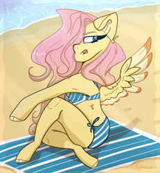 Size: 3790x4095 | Tagged: safe, artist:tizhonolulu, fluttershy, pegasus, anthro, unguligrade anthro, g4, arm hooves, beach, beach towel, bikini, chest fluff, clothes, ear fluff, hair over one eye, ocean, open mouth, sand, solo, swimsuit, towel
