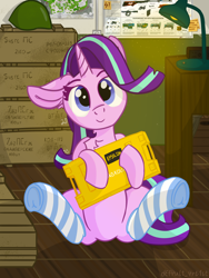 Size: 3000x4000 | Tagged: safe, artist:d3f4ult_4rt1st, starlight glimmer, pony, unicorn, g4, box, chest fluff, clothes, container, cute, cyrillic, dust, dust motes, ear fluff, escape from tarkov, floppy ears, frog (hoof), glimmerbetes, helmet, lamp, map, one ear down, secure container, socks, solo, striped socks, underhoof