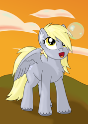 Size: 1280x1810 | Tagged: safe, artist:essentialsingularity, derpy hooves, pony, g4, bubble, chest fluff, cloud, female, solo, spread wings, standing, sunset, unshorn fetlocks, wings