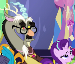Size: 553x474 | Tagged: safe, screencap, discord, starlight glimmer, thorax, changedling, changeling, draconequus, pony, unicorn, celestial advice, g4, balloon, cropped, female, glasses, groucho mask, heart, king thorax, mare, offscreen character, out of context