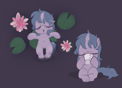 Size: 4670x3403 | Tagged: safe, artist:parfait, oc, oc only, oc:night blossom, pony, unicorn, belly button, coffee, curved horn, drinking, female, filly, flower, horn, lilypad, sitting, sleeping, solo
