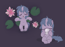 Size: 4670x3403 | Tagged: safe, artist:php197, oc, oc only, oc:night blossom, pony, unicorn, belly button, coffee, curved horn, drinking, female, filly, flower, horn, lilypad, sitting, sleeping, solo