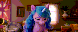 Size: 2048x858 | Tagged: safe, screencap, izzy moonbow, pony, unicorn, g5, my little pony: a new generation, spoiler:my little pony: a new generation, 3d, animated, curtains, cute, female, gif, izzybetes, mare, open mouth, potted plant, solo, ta-da!, twilight sparkle's cutie mark, volumetric mouth, window