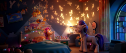 Size: 2048x858 | Tagged: safe, screencap, argyle starshine, sunny starscout, earth pony, pony, g5, my little pony: a new generation, spoiler:my little pony: a new generation, 3d, bed, bedroom, diorama, female, filly, filly sunny starscout, light, male, stallion, younger