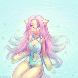 Size: 3000x3000 | Tagged: safe, artist:zefirka, fluttershy, pegasus, anthro, g4, arm hooves, belly button, boob window, breasts, busty fluttershy, cleavage, clothes, female, high res, one-piece swimsuit, solo, swimsuit, water