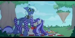 Size: 1920x991 | Tagged: safe, artist:sinner_png, oc, oc:cinnabyte, oc:moonlight drop, earth pony, pegasus, pony, clothes, cloud, floating island, headphones, picnic blanket, scenery, socks, striped socks, tree