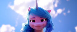 Size: 2048x858 | Tagged: safe, screencap, izzy moonbow, pony, unicorn, g5, my little pony: a new generation, 3d, cloud, female, hi new friend, looking at you, looking down, looking down at you, mare, one ear down, sky, solo