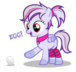 Size: 3220x3040 | Tagged: safe, artist:strategypony, oc, oc only, oc:windbreaker, pegasus, pony, asdfmovie, asdfmovie14, clothes, dialogue, egg, female, filly, high res, pegasus oc, pointing, ponytail, simple background, socks, striped socks, transparent background