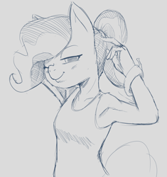 Size: 1772x1888 | Tagged: safe, artist:hitsuji, mayor mare, earth pony, anthro, g4, armband, armpits, blushing, grayscale, looking at you, monochrome, ponytail, smiling, solo