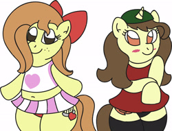 Size: 2560x1953 | Tagged: safe, artist:sparkfler85, derpibooru exclusive, oc, oc only, oc:flani bainilye, oc:hymyt, earth pony, pony, unicorn, belly button, blushing, bow, clothes, cute, dress, female, freckles, hat, mare, panties, shirt, simple background, skirt, socks, standing, stockings, thigh highs, underwear