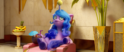Size: 2048x858 | Tagged: safe, screencap, izzy moonbow, pony, unicorn, g5, my little pony: a new generation, spoiler:my little pony: a new generation, 3d, armchair, ball, banana, chair, coconut, female, food, fruit bowl, grapes, horn, hornball, izzy's tennis ball, leaves, lying down, mare, pineapple, solo, spa, tennis ball, underhoof, vase