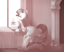 Size: 1280x1054 | Tagged: safe, artist:blueomlette, rarity, pony, unicorn, g4, butt, chair, clothes, cup, digital art, female, food, glowing horn, horn, levitation, magic, mare, monochrome, neo noir, partial color, plot, rearity, see-through, sitting, solo, tail, tail hole, tea, teacup, telekinesis, window