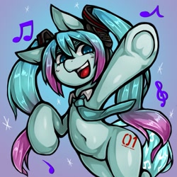 Size: 1543x1543 | Tagged: safe, artist:kyouman1010, kotobukiya, earth pony, pony, anime, belly button, colored, cute, cutie mark, female, frog (hoof), hatsune miku, headphones, kotobukiya hatsune miku pony, mare, music notes, necktie, open mouth, pigtails, ponified, solo, twintails, underhoof, vocaloid
