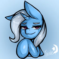 Size: 1543x1543 | Tagged: safe, artist:kyouman1010, trixie, pony, unicorn, g4, abstract background, bust, colored, cute, diatrixes, eyelashes, female, horn, lidded eyes, mare, signature, smug, solo