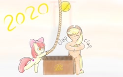 Size: 1721x1080 | Tagged: safe, artist:nomemint, apple bloom, applejack, earth pony, pony, g4, apple bloom's bow, applejack's hat, bell, bipedal, bow, cowboy hat, duo, duo female, female, filly, hair bow, hat, mare, standing, standing on one leg